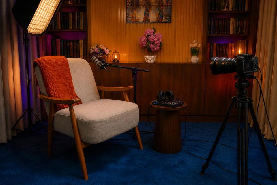 A single chair and studio microphone lit for a recorded interview at Casa Media Network in Nairobi, with a camera trained on the seat.
