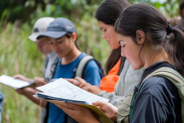 Field researchers recording survey data outdoors during a programme evaluation.